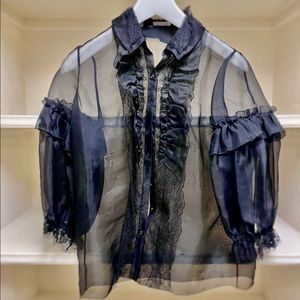 Oscar De La Renta black sheer blouse, size 6 with length of 25”, shoulder of 16”